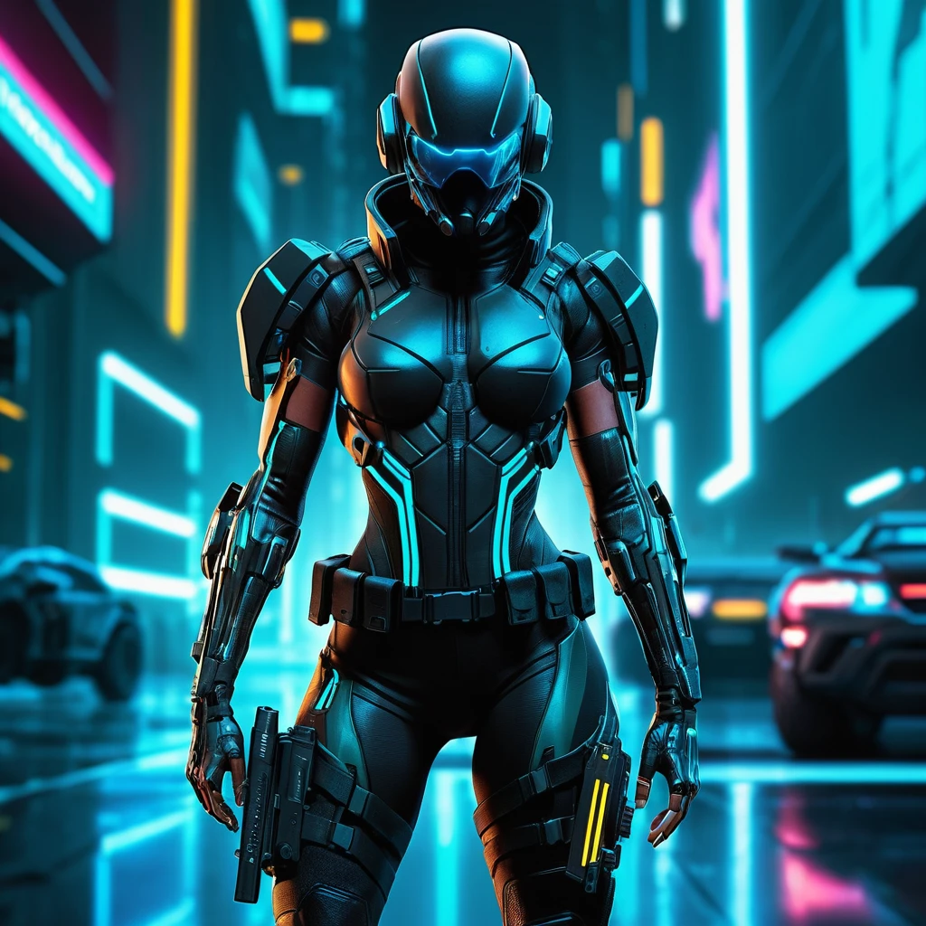 High-detail cyberpunk assassin character concept