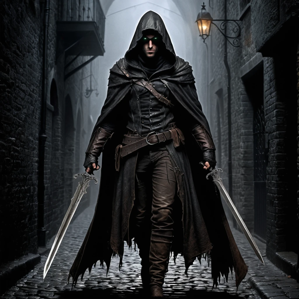 Shadowy dark fantasy rogue character concept