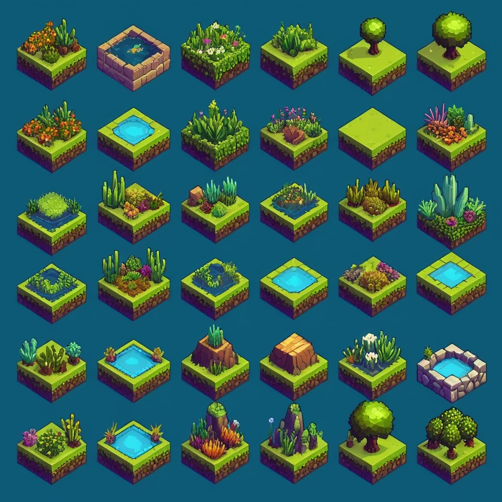 Isometric fantasy village tileset with timber houses, cobblestone paths, and autumn foliage in pixel art style