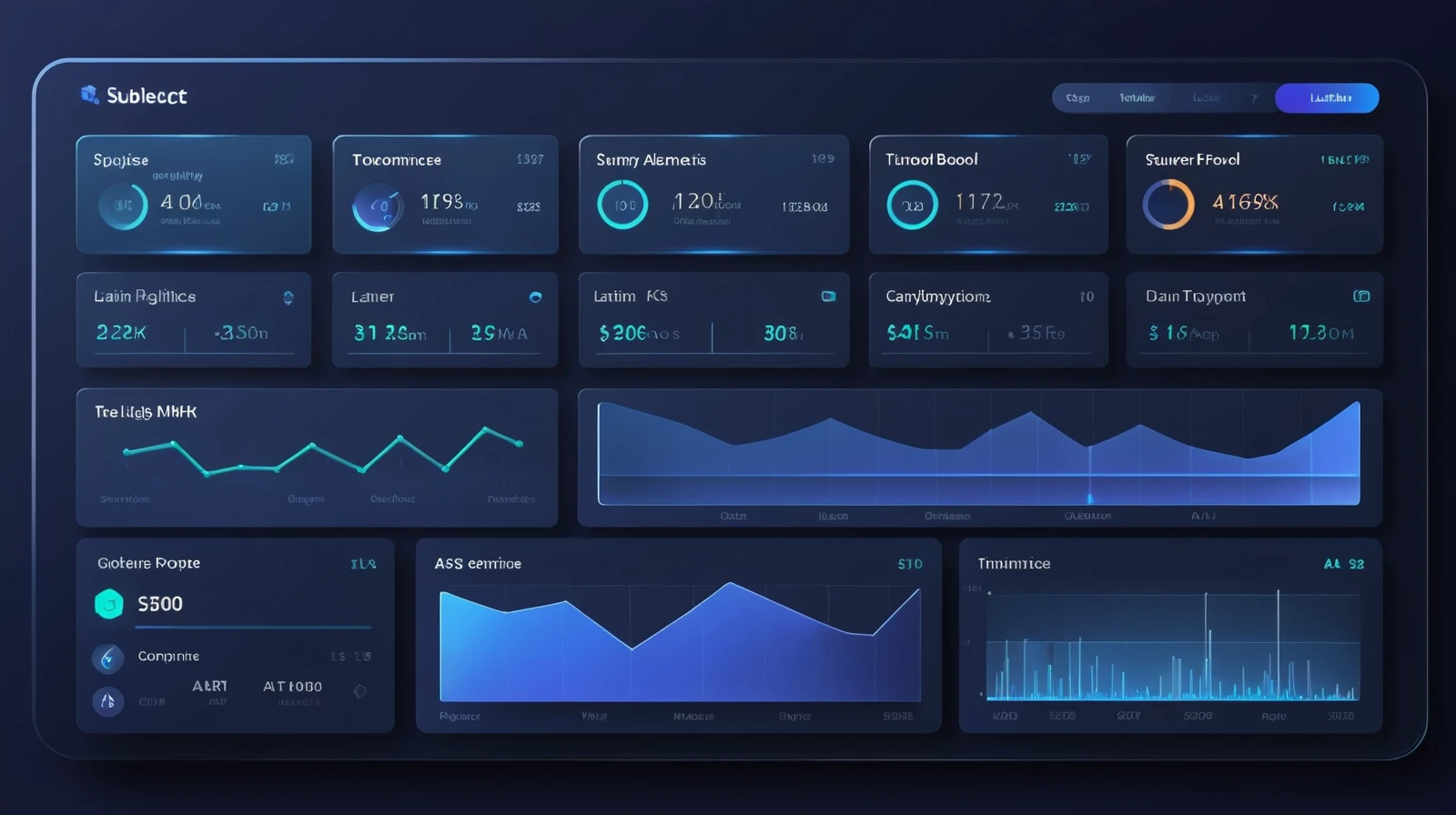 Glassmorphism SaaS dashboard UI with translucent cards and glowing analytics charts on dark navy background