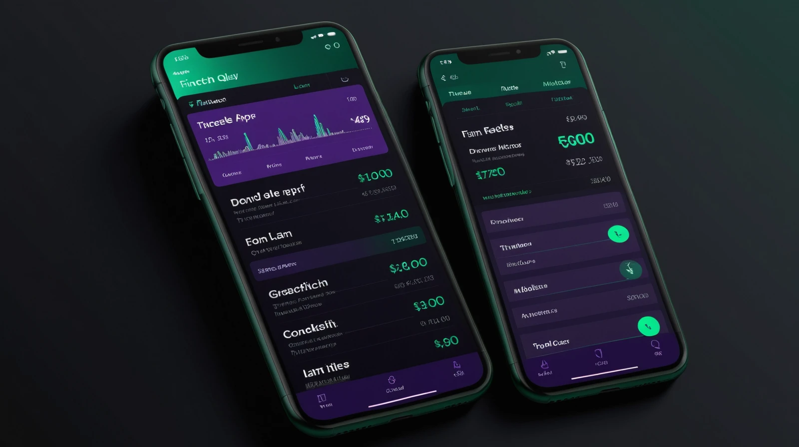 Premium fintech mobile app UI with dark mode